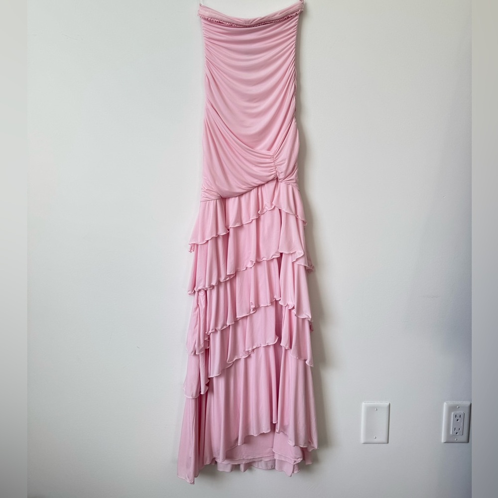 Oh Polly Hayami Bandeau Ruched Ruffle-Trim Maxi Dress in Blush - Size 2 - Picture 13 of 16